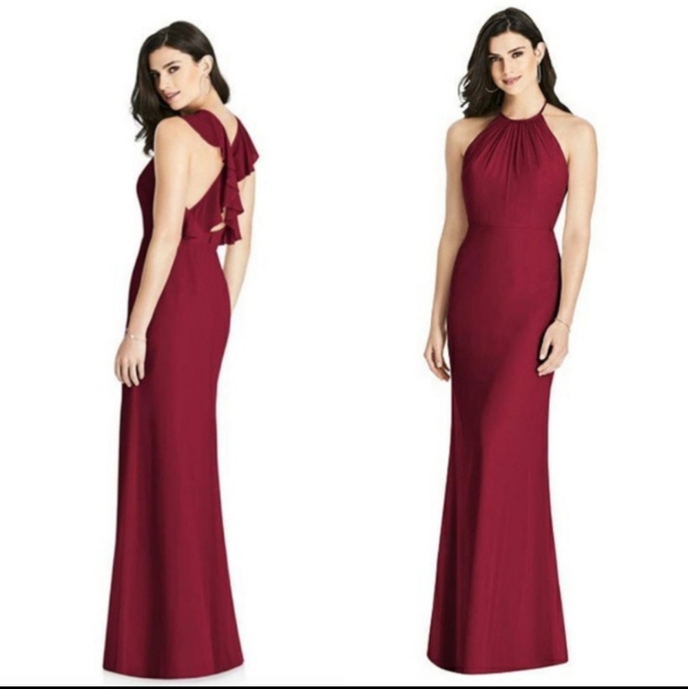 Dessy Collection Lux Chiffon Halter Back Ruffle Floor Dress In Burgundy 14 NWT